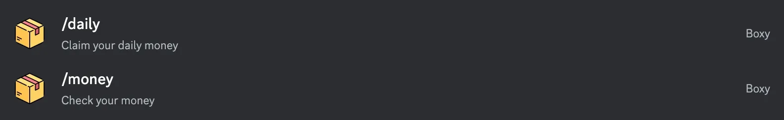 Example list of slash commands